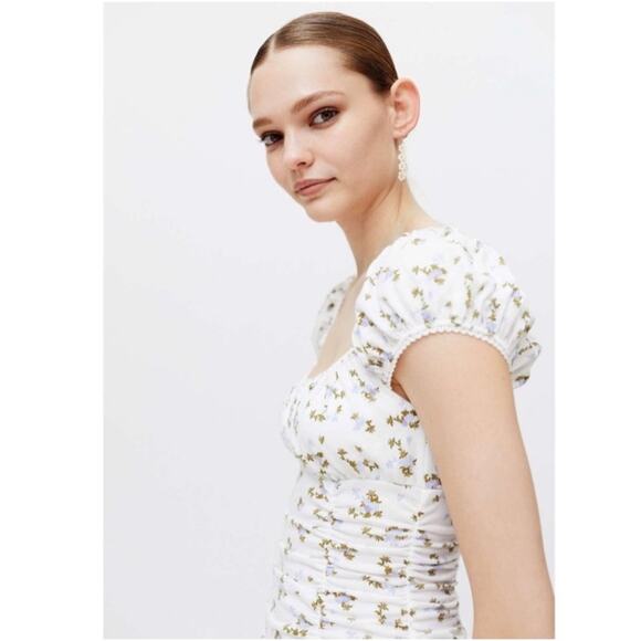 Urban Outfitters Brenan White and Blue Ditsy Floral Ruched Mini Dress M - Picture 2 of 9